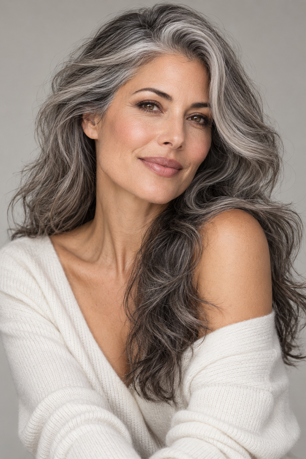 muted gray brunette salt and pepper hair