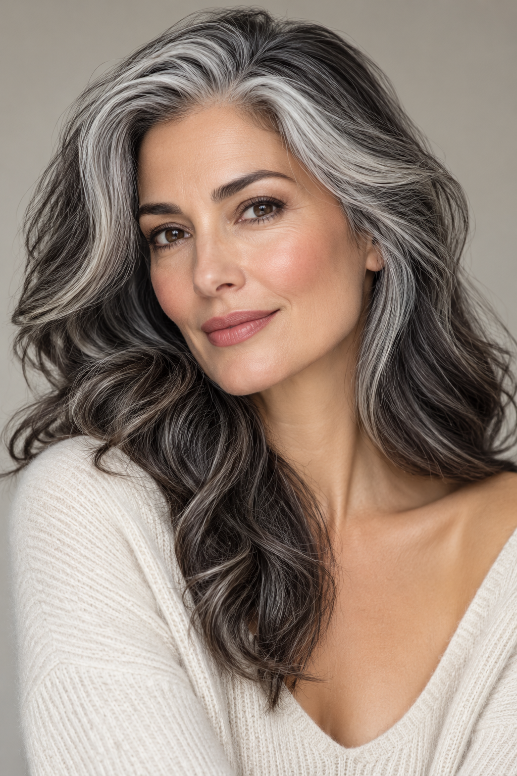 silver money piece salt and pepper hair