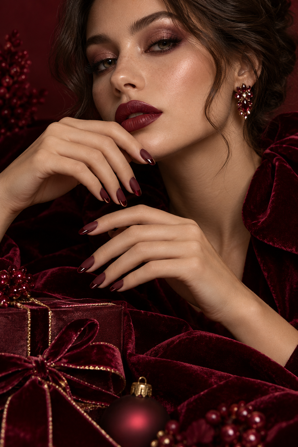 Matte burgundy with gloss tips burgundy Christmas nails idea