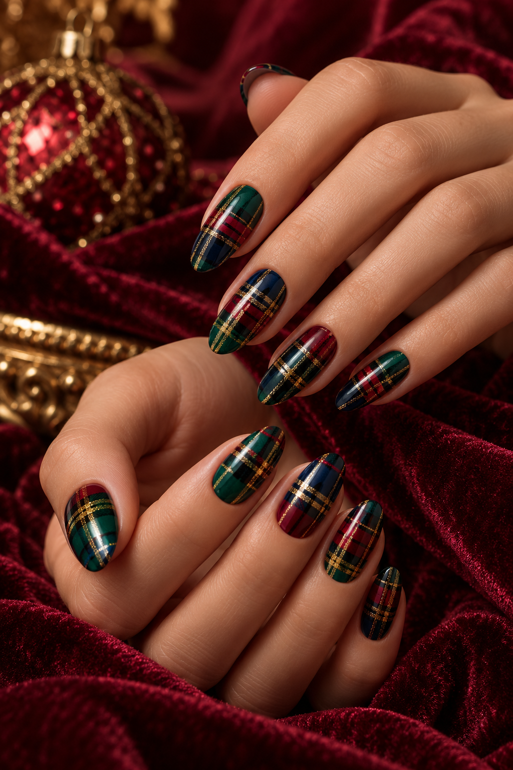 Jewel-toned plaid burgundy Christmas nails idea