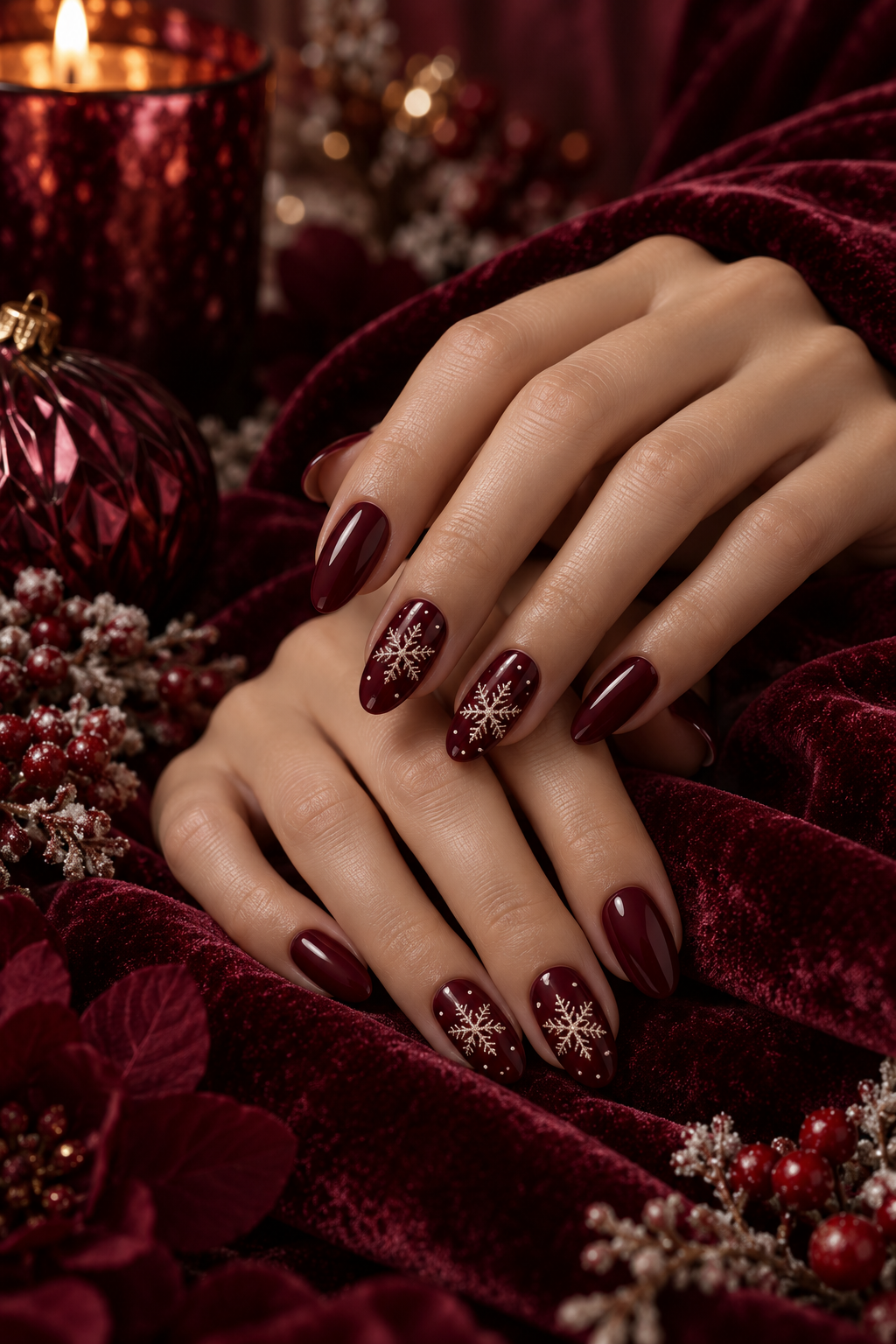 Burgundy snowflakes burgundy Christmas nails idea