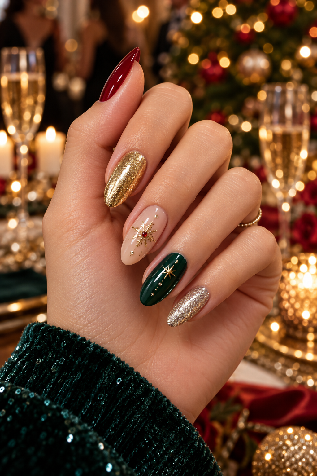 Burgundy Christmas nails with classic red glitter
