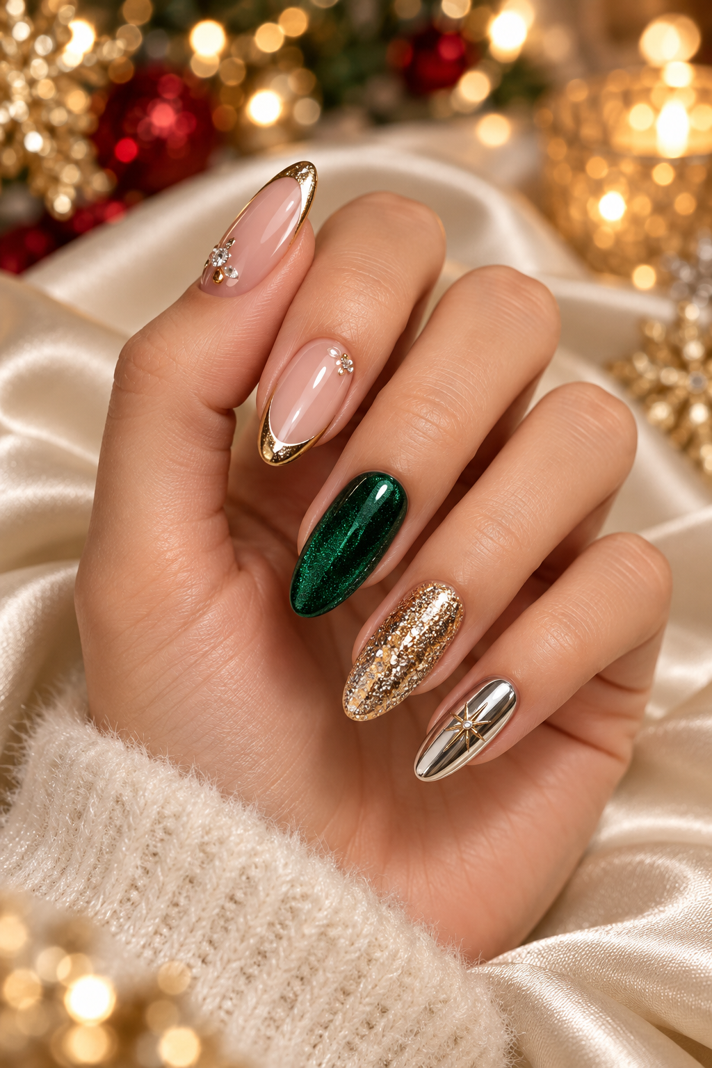 Champagne French tip Christmas party nails