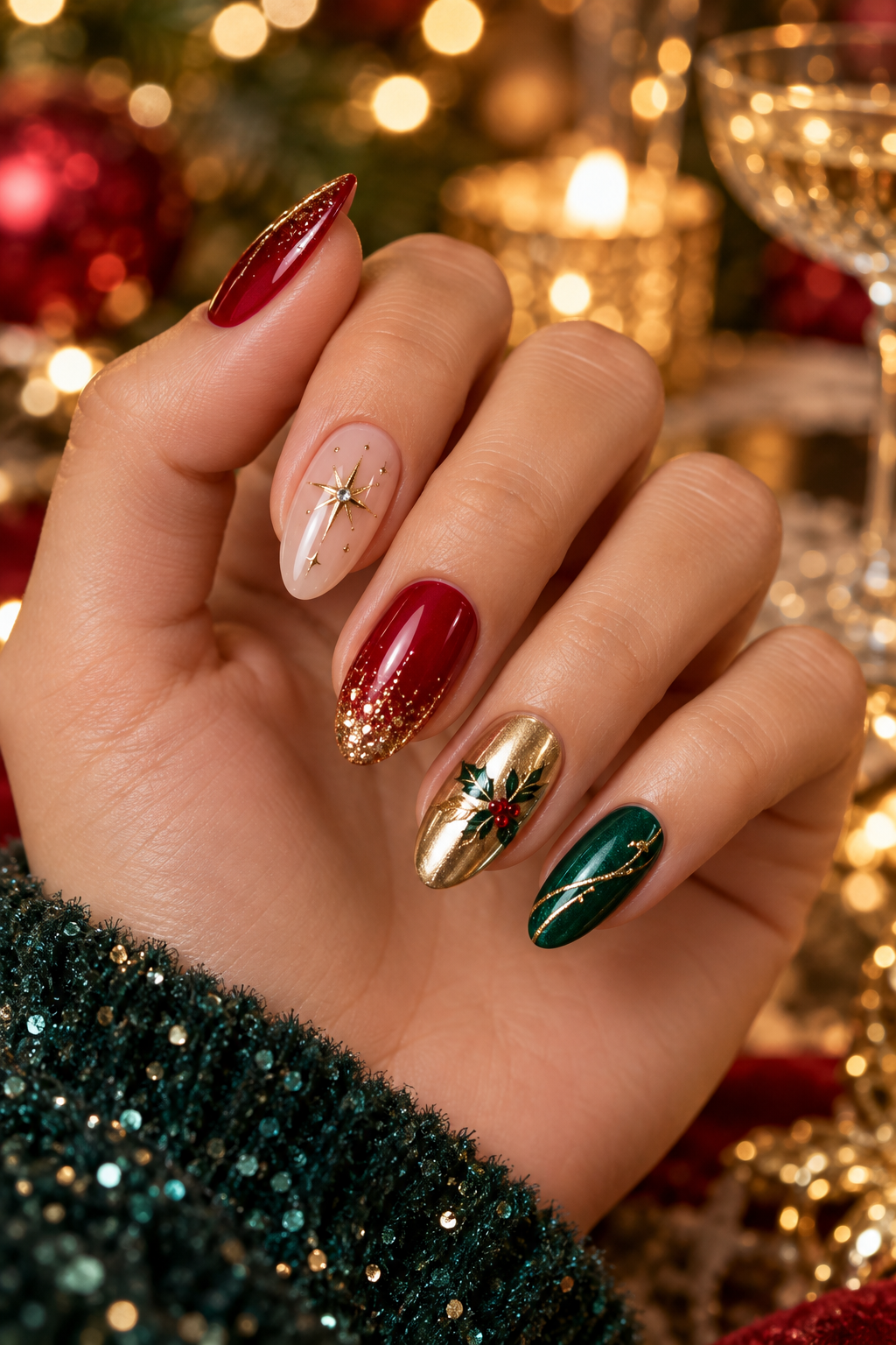Candy cane stripe Christmas party nails