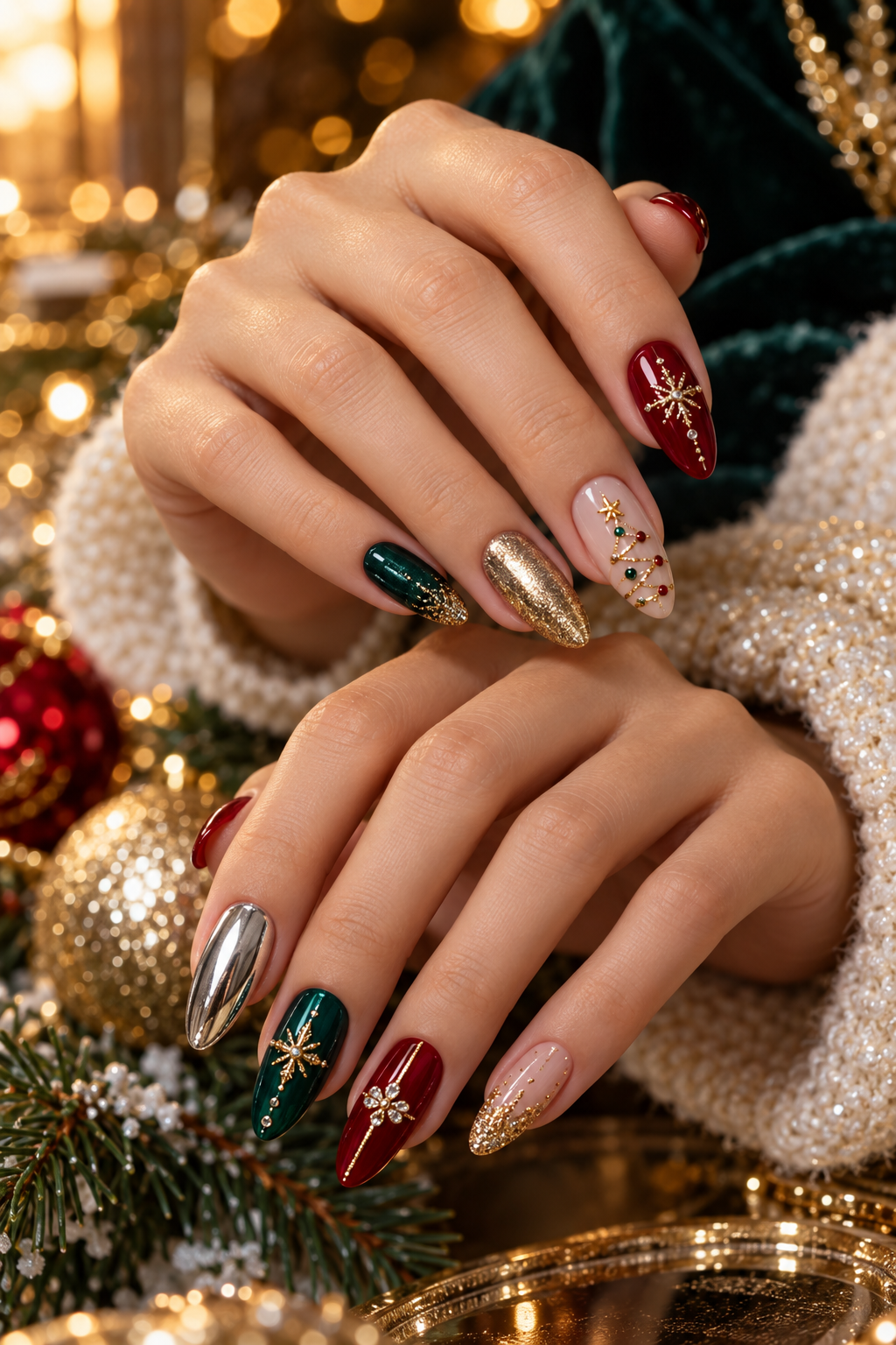 Green and gold plaid Christmas party nails
