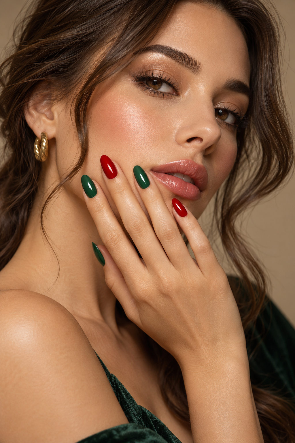 Christmas French tip nails: red and green alternating tips
