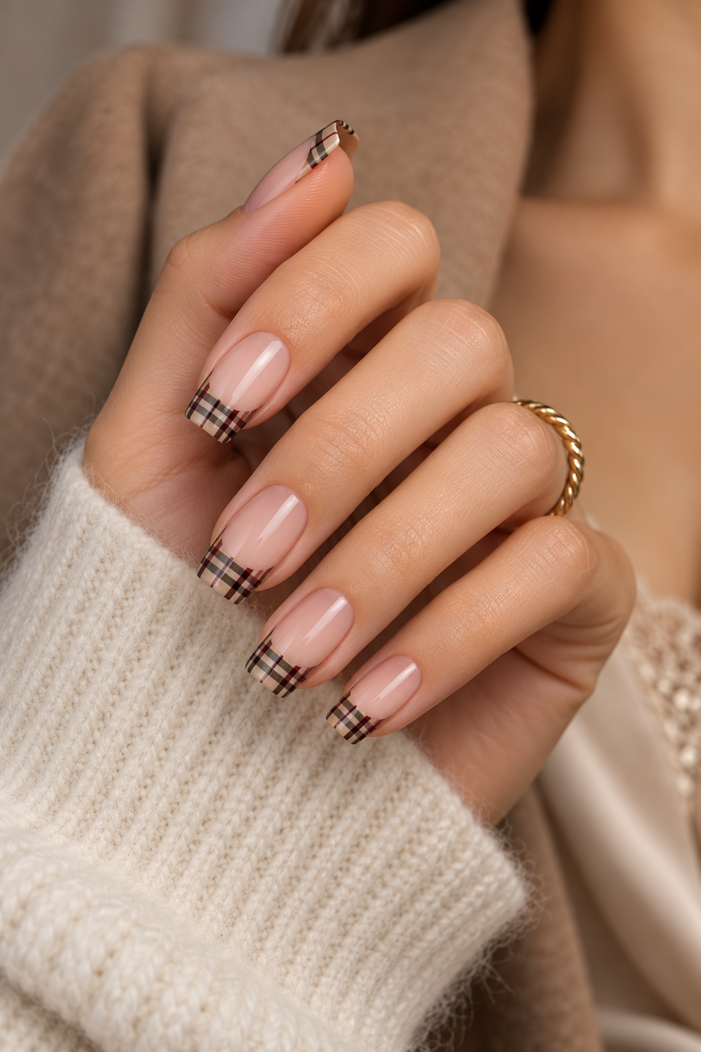 Christmas French tip nails: plaid french tips