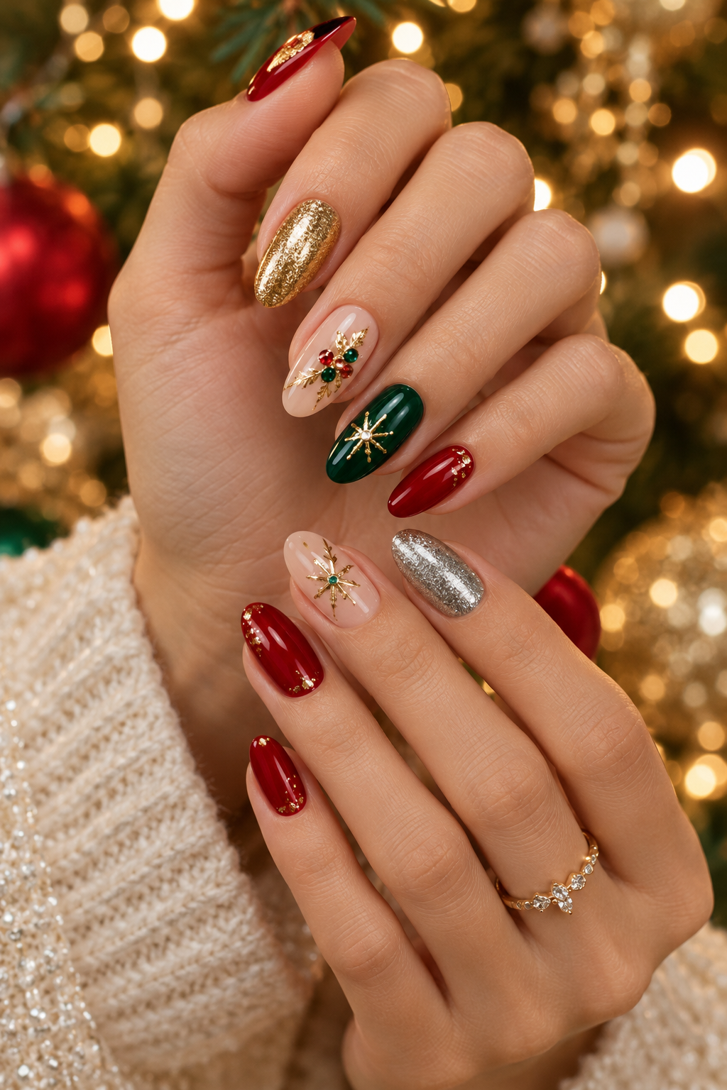 Gold chrome Christmas party nails