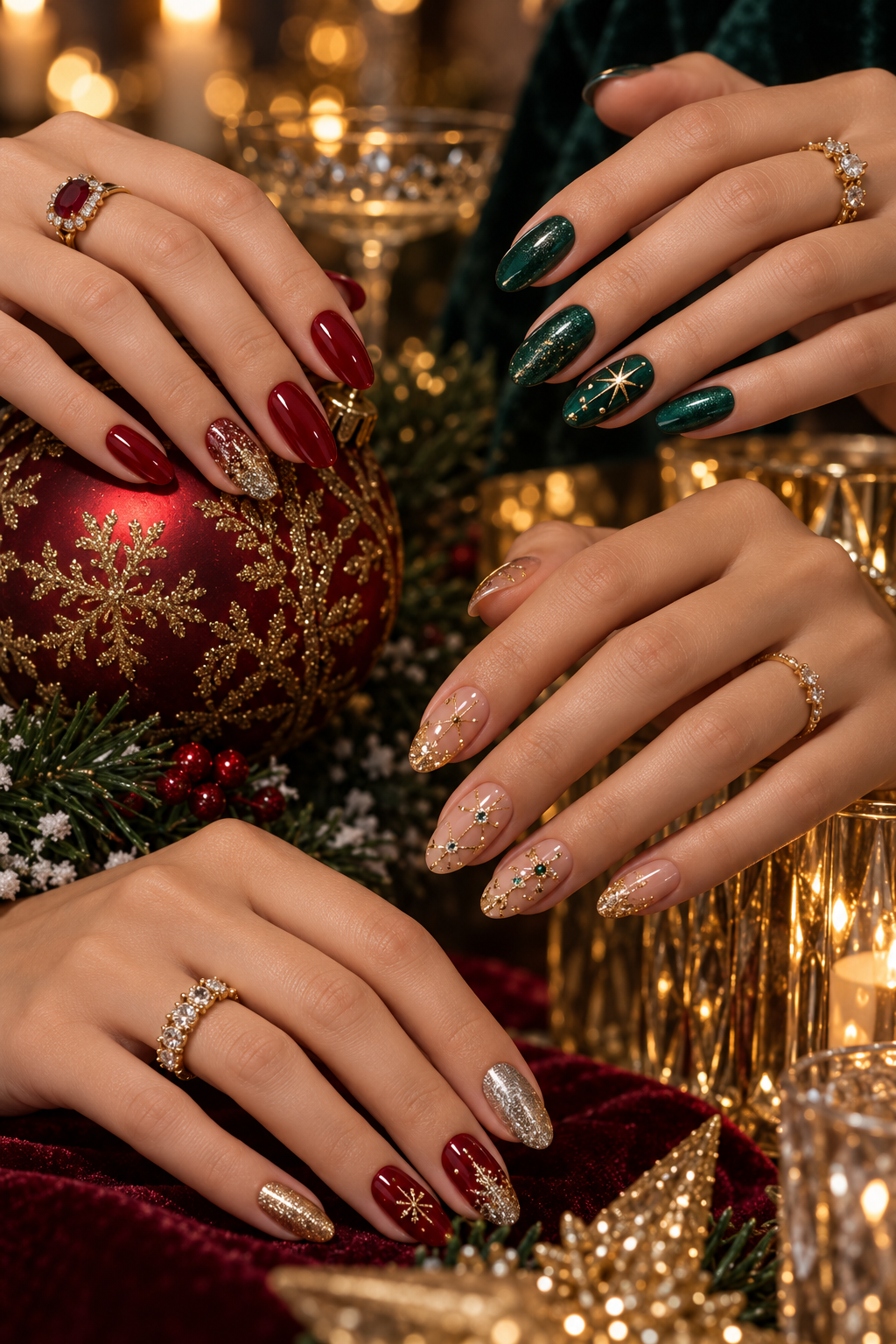 Sheer nude Christmas party nails with silver stars