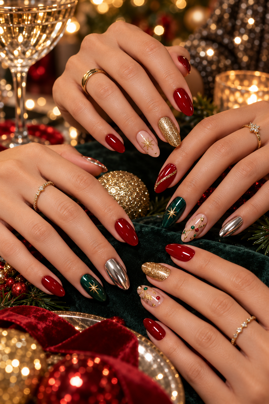 Frosted pearl chrome Christmas party nails