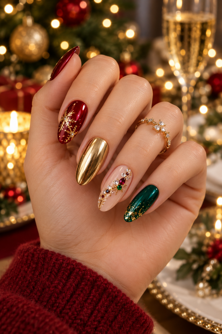 Christmas party nails with festive sparkle