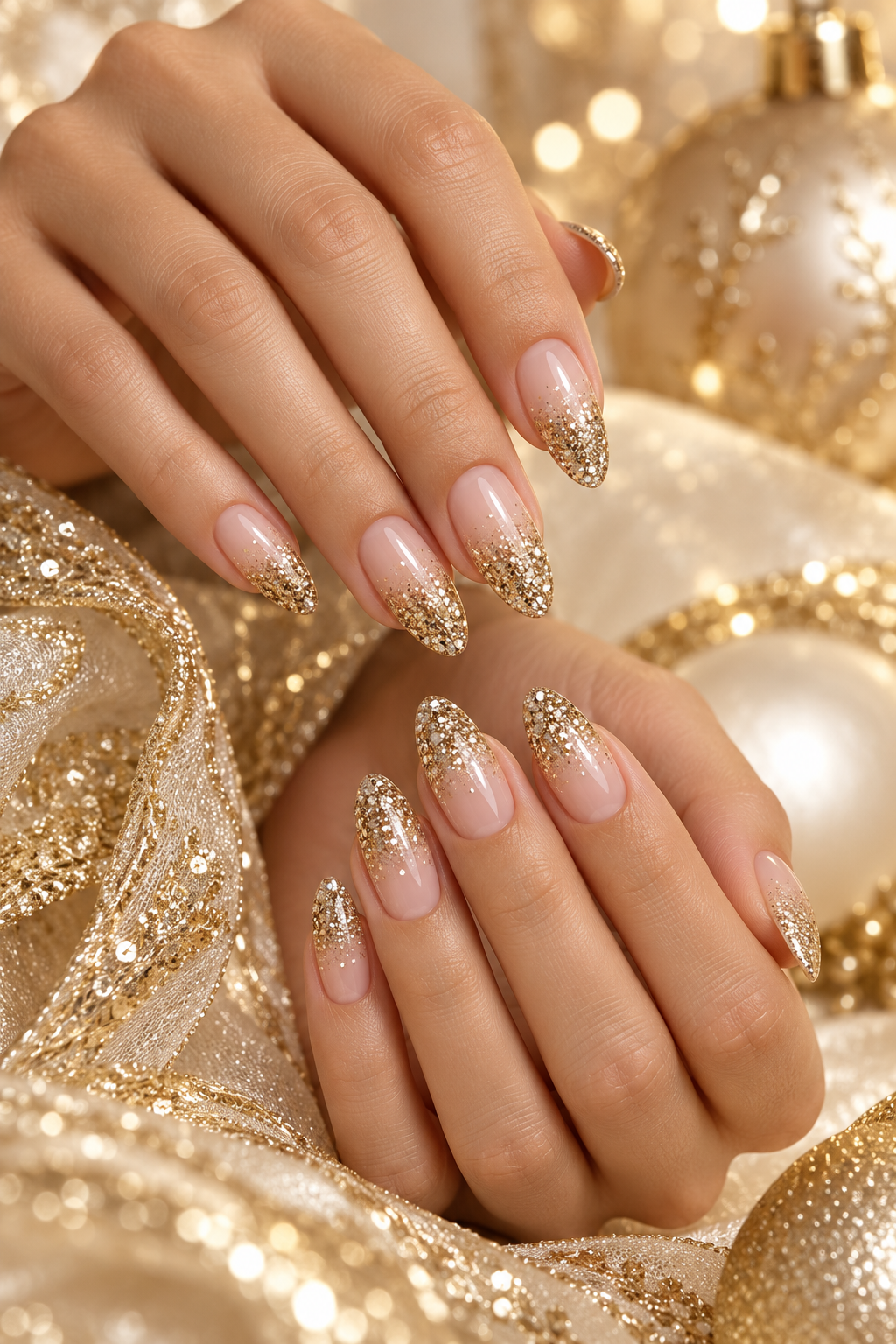 Christmas party nails: Nude gold sparkle
