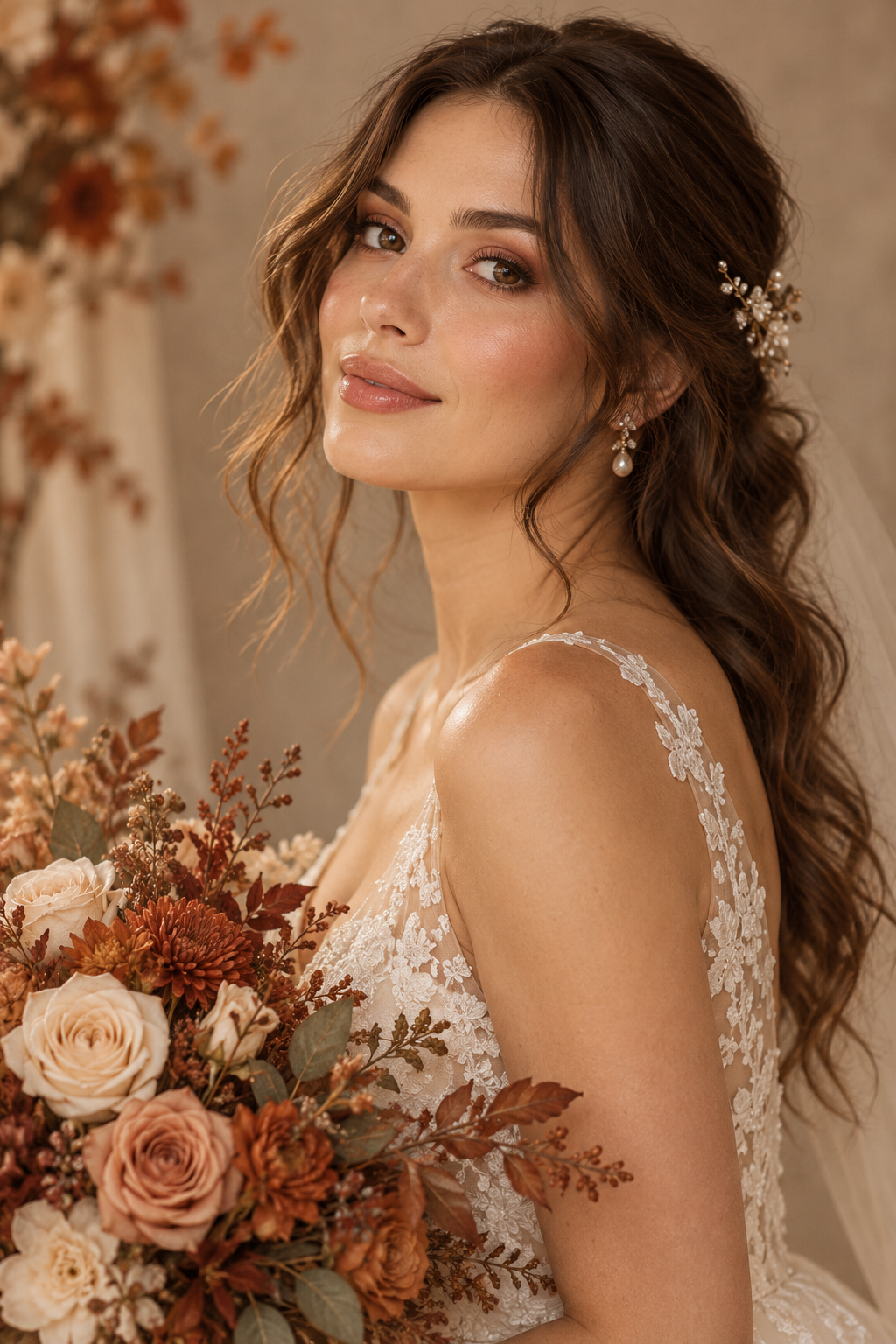 Half-up twisted crown fall wedding guest hairstyle