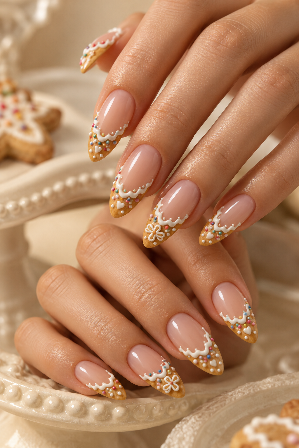 Iced Cookie French Tips gingerbread nail idea