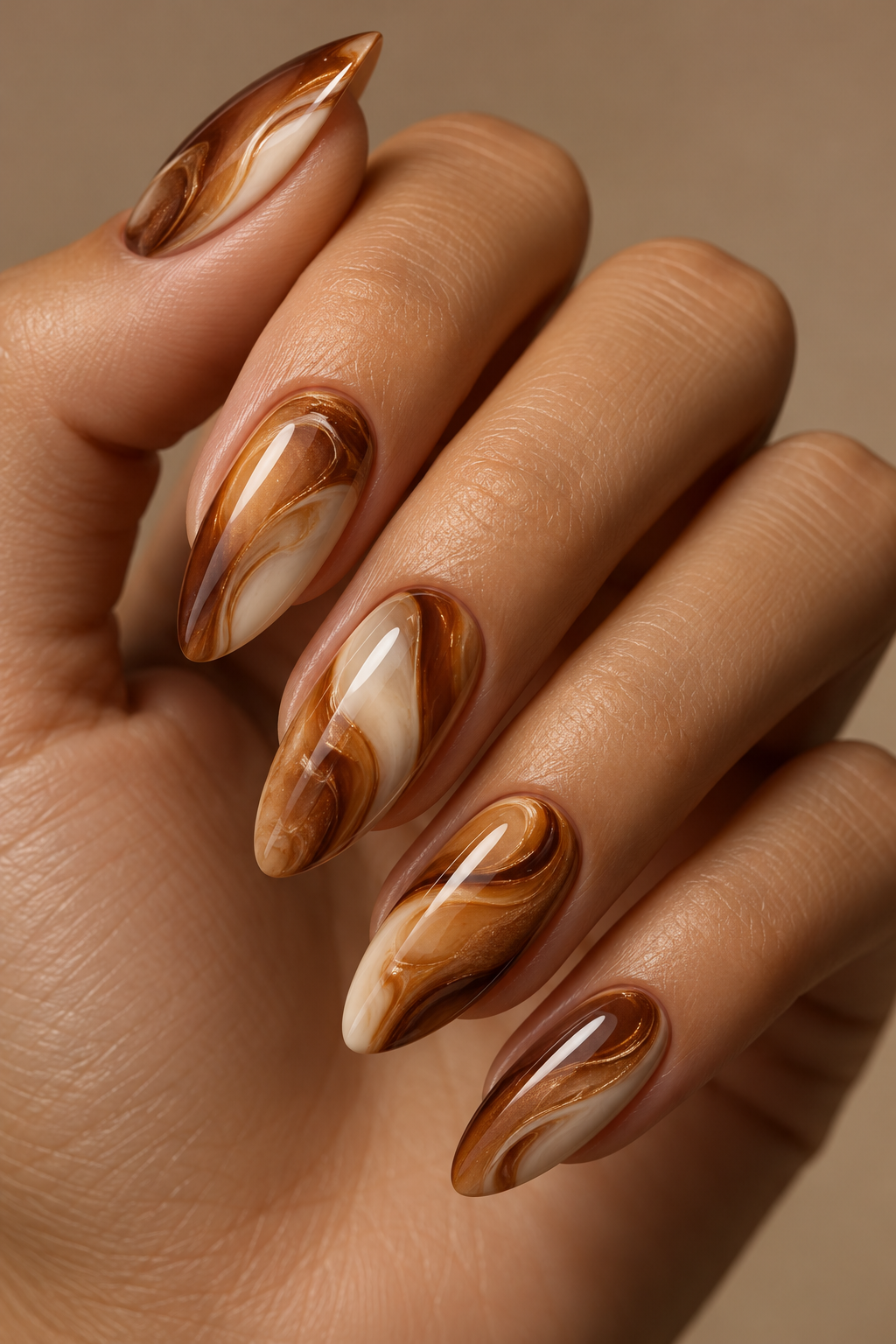 Warm Caramel Swirls gingerbread nail idea