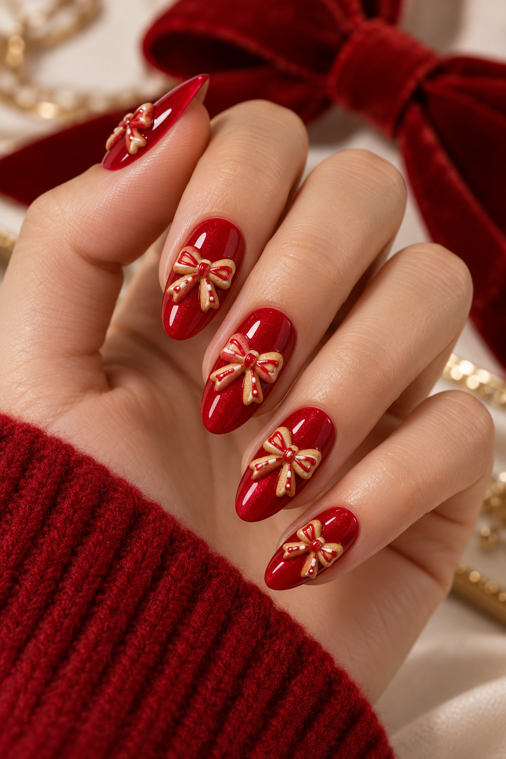 Red Bow Cookie Nails gingerbread nail idea