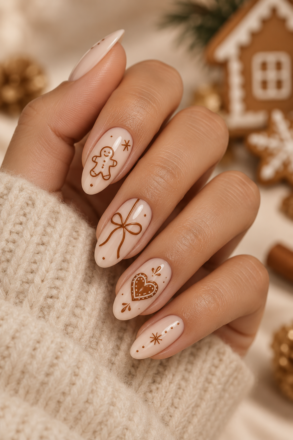 Minimal Gingerbread Lines gingerbread nail idea