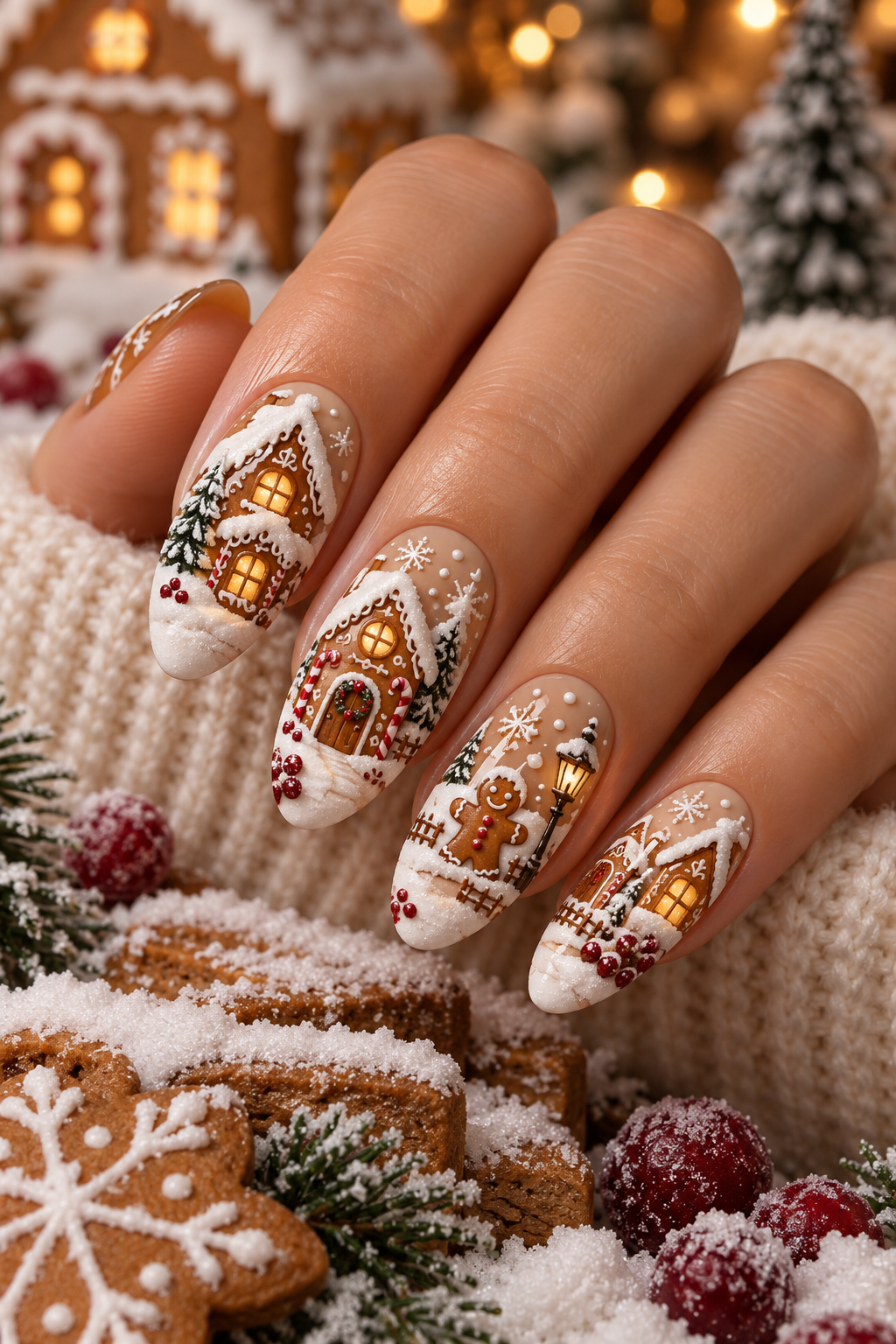 Snowy Gingerbread Scene gingerbread nail idea