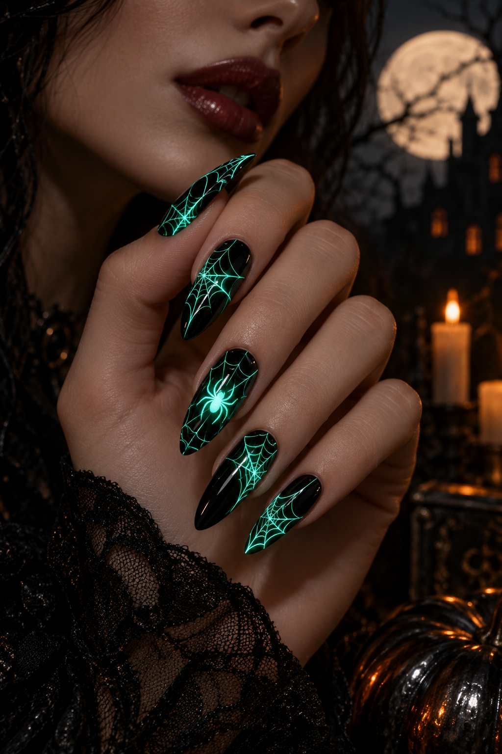 glow spider webs glow in the dark Halloween nails