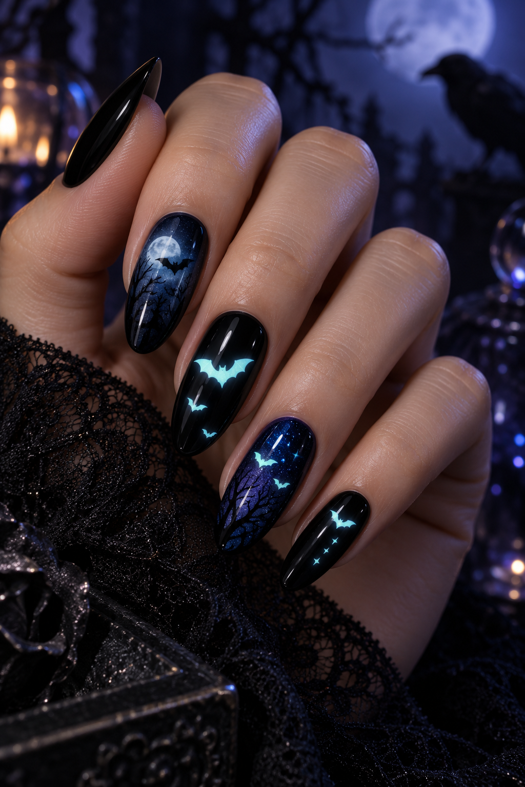 midnight bats glow in the dark Halloween nails