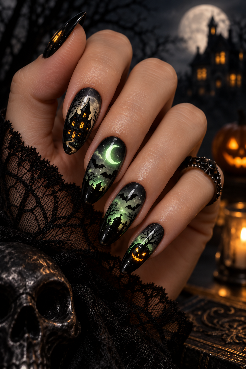 haunted house silhouette glow in the dark Halloween nails