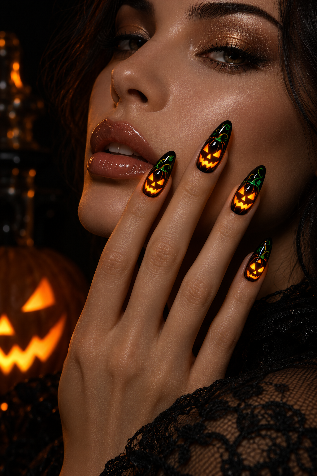 jack-o’-lantern faces glow in the dark Halloween nails