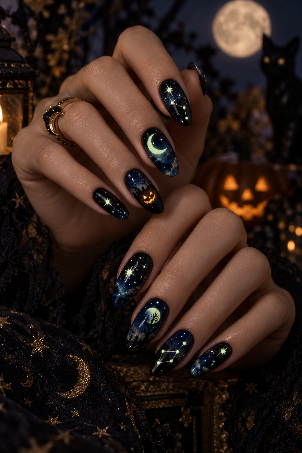 starry night sky glow in the dark Halloween nails
