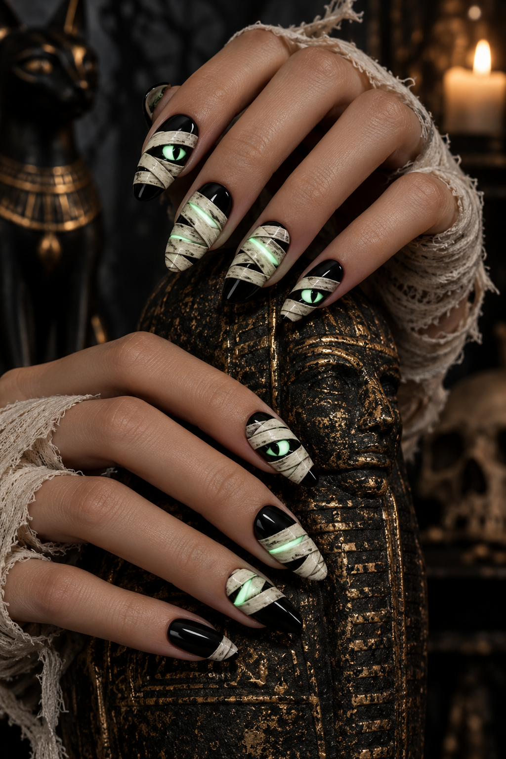 mummy wrap glow in the dark Halloween nails
