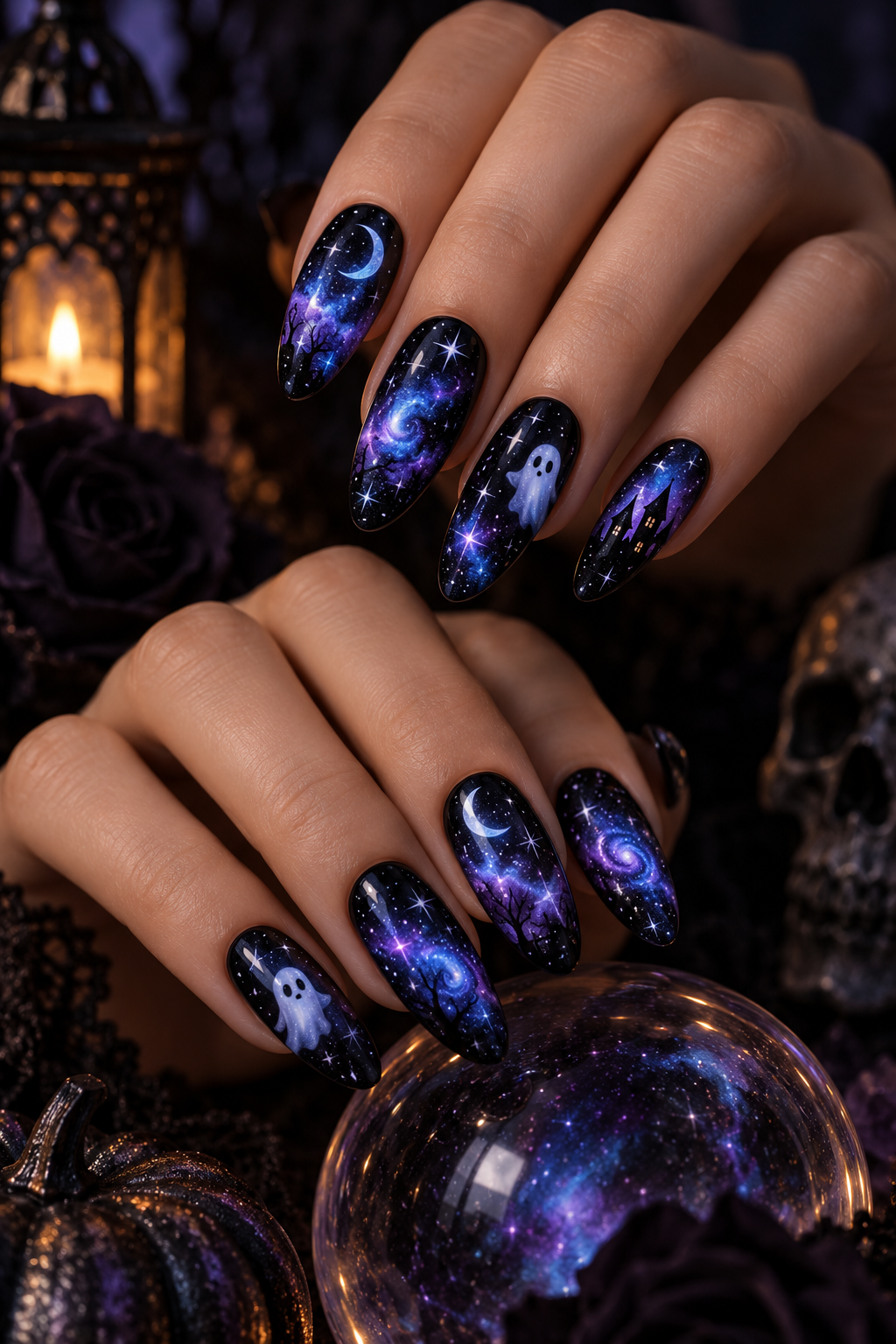 full galaxy glow glow in the dark Halloween nails