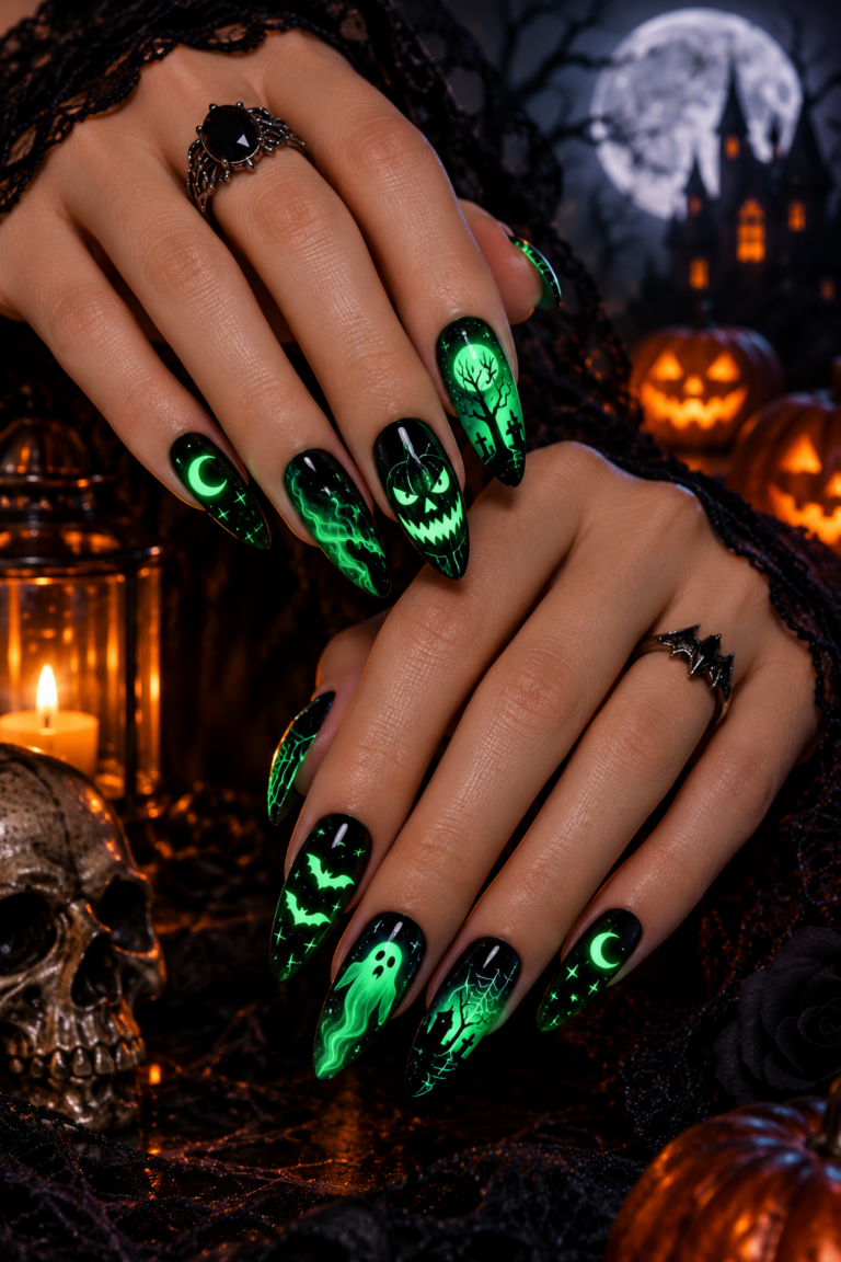 glow in the dark Halloween nails featured