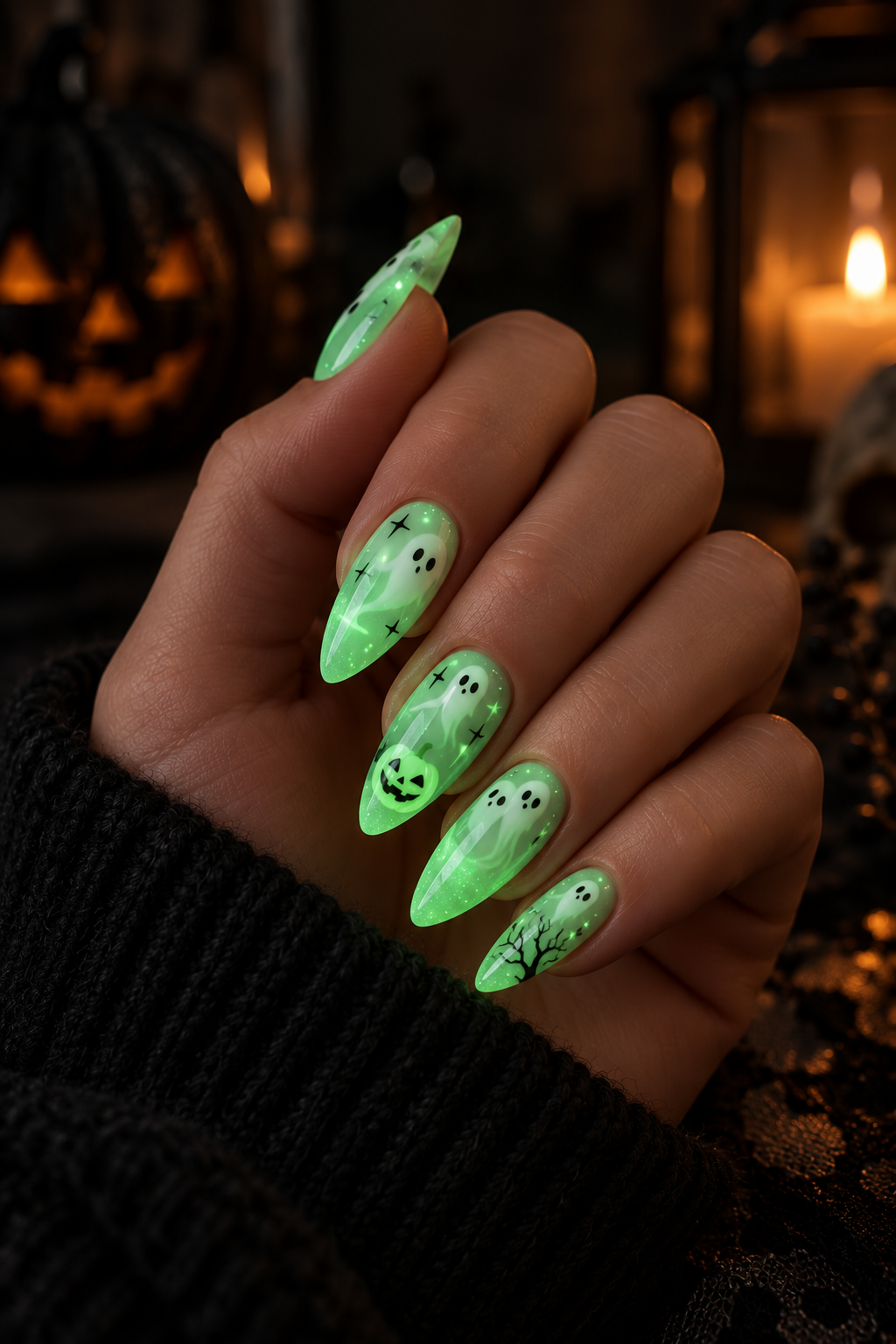glow in the dark Halloween nails idea 17