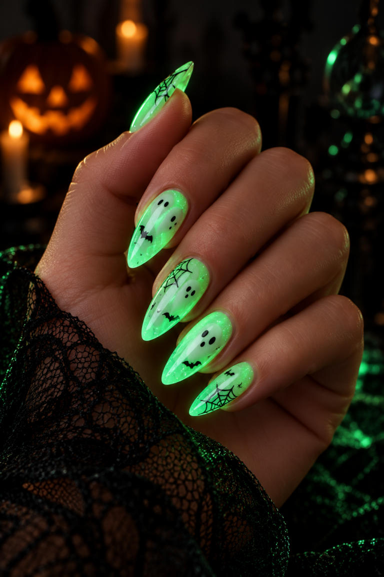 glow in the dark Halloween nails featured look