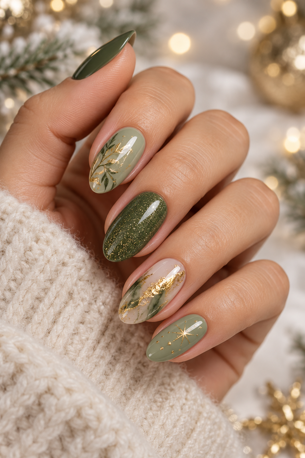 Sage and gold green Christmas nails