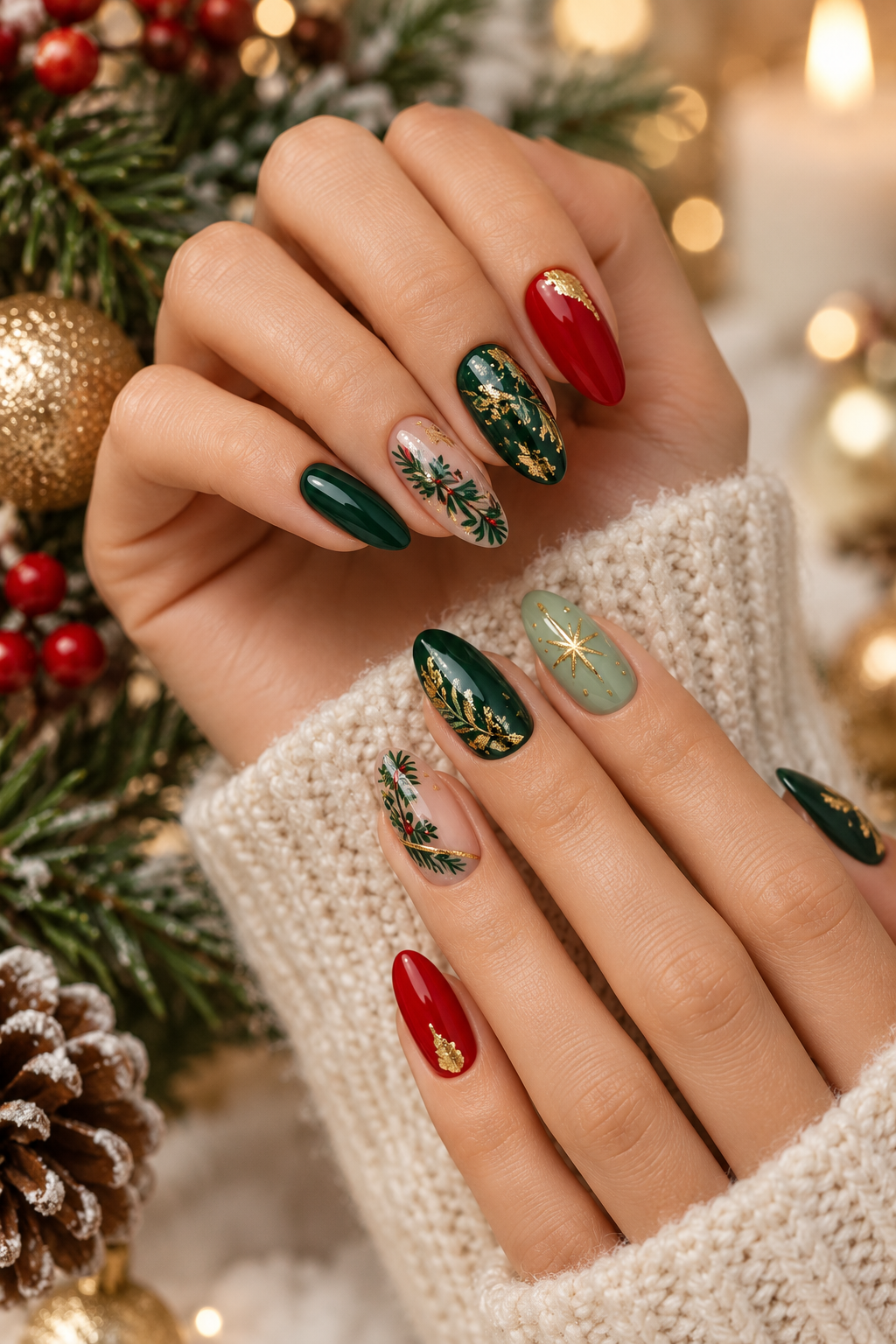 Green and red Christmas nail design