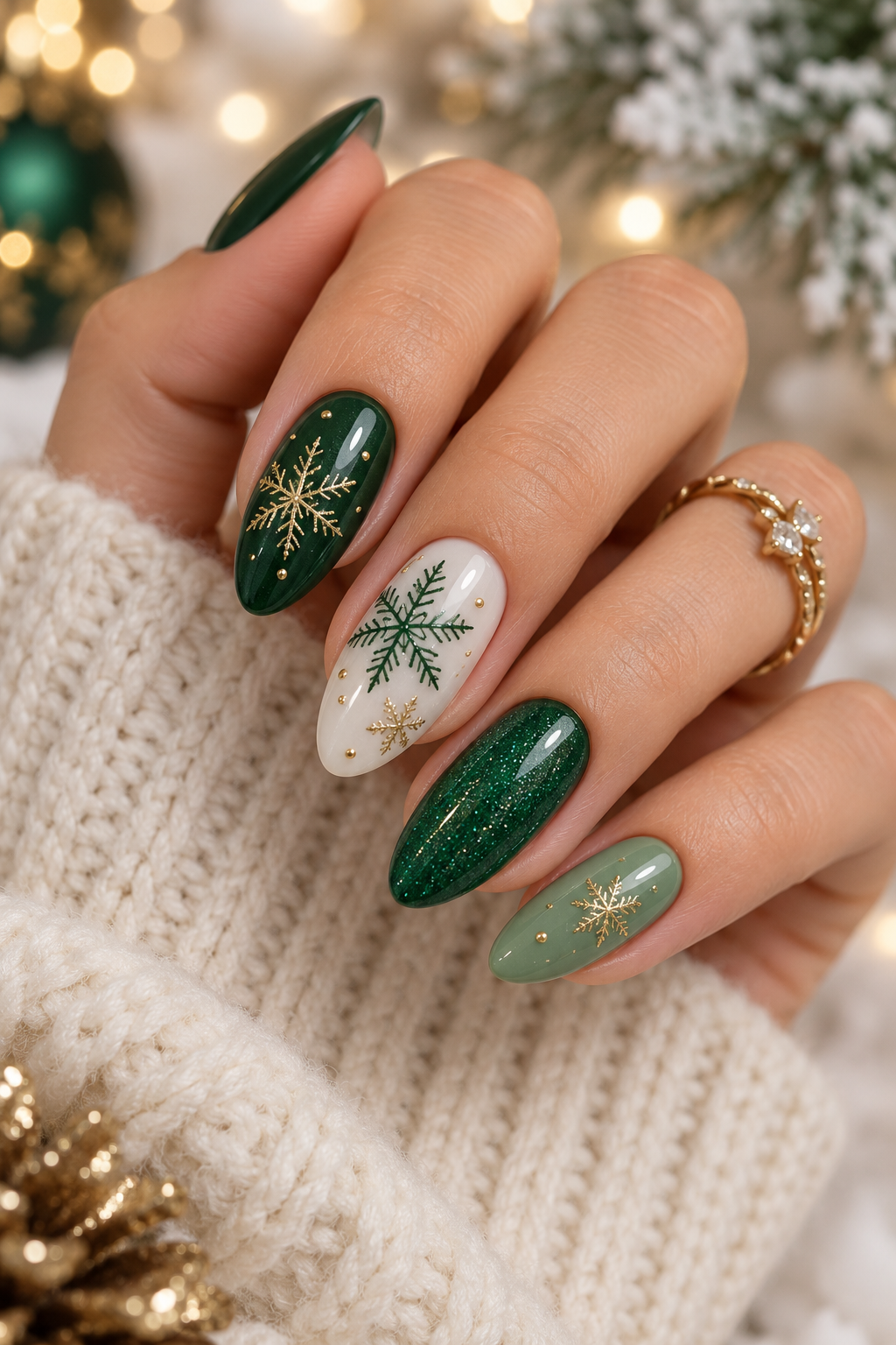 Green and white snow detail nails