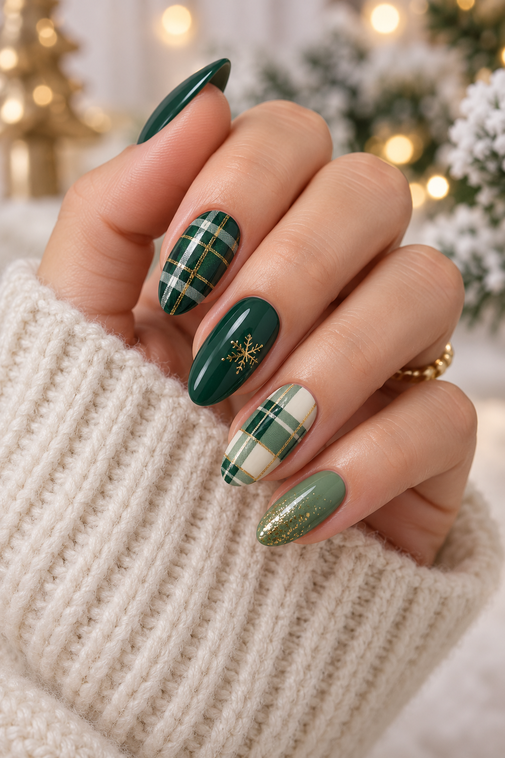 Green plaid holiday nails