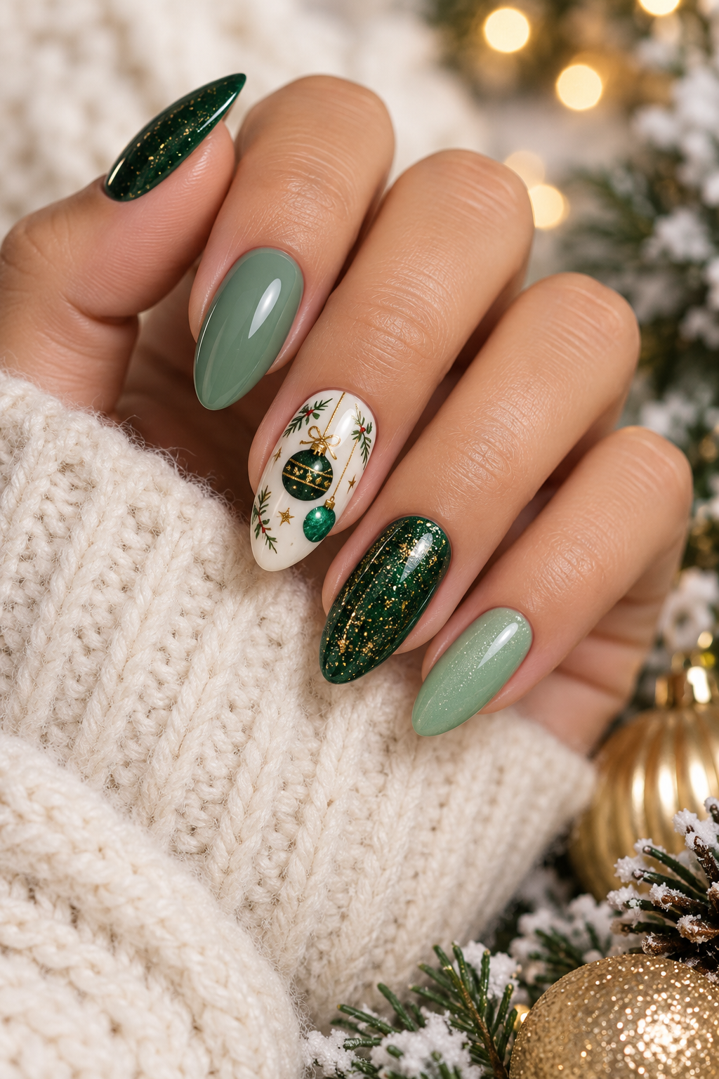 Green ornament accent Christmas nails