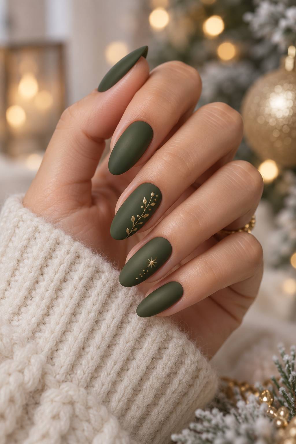 Matte olive green Christmas nails