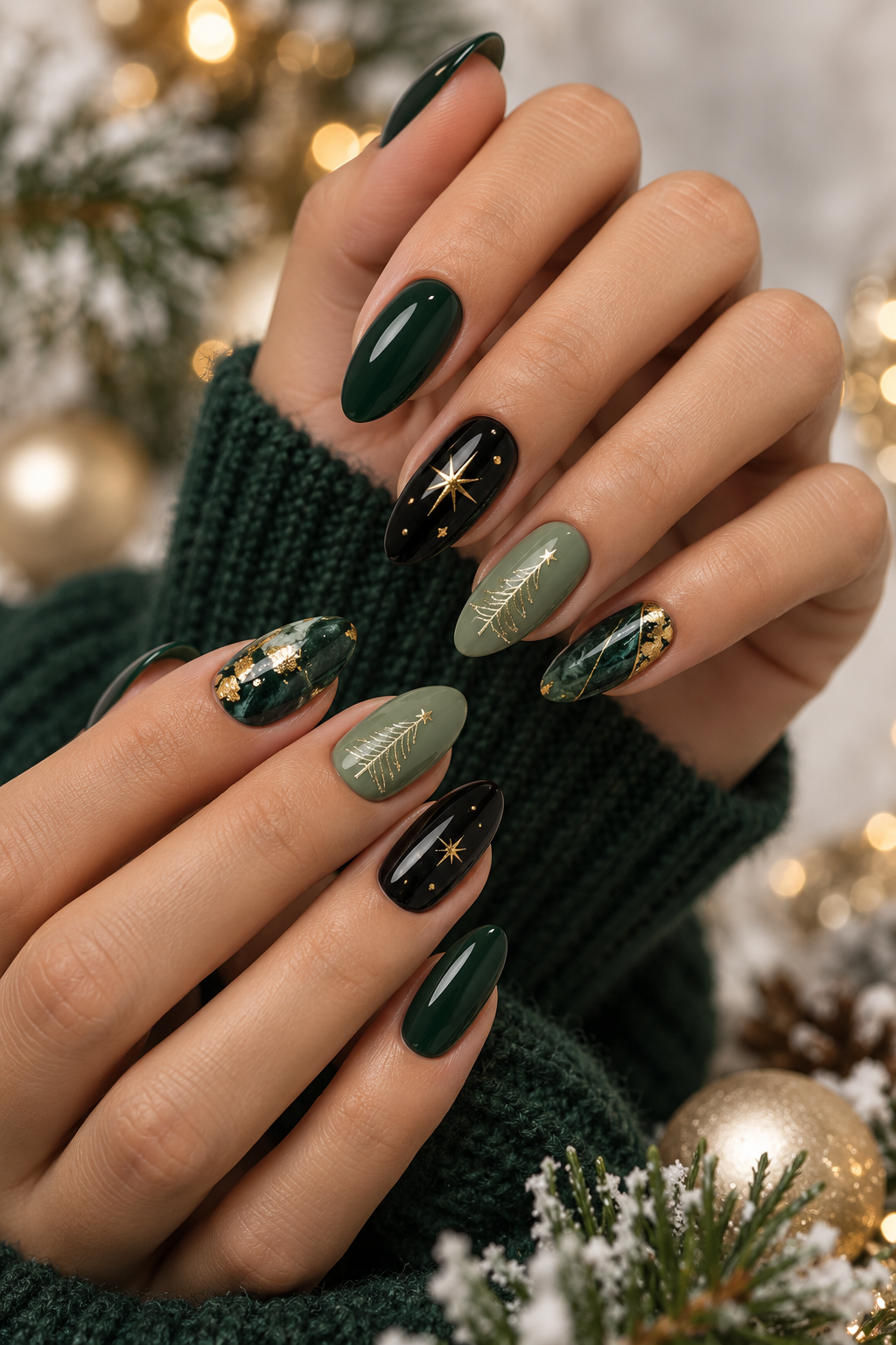 Green and black Christmas nails