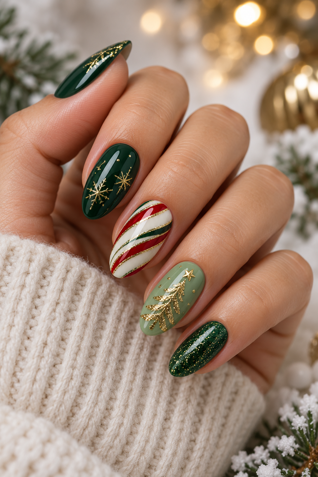 Candy cane green Christmas nail detail