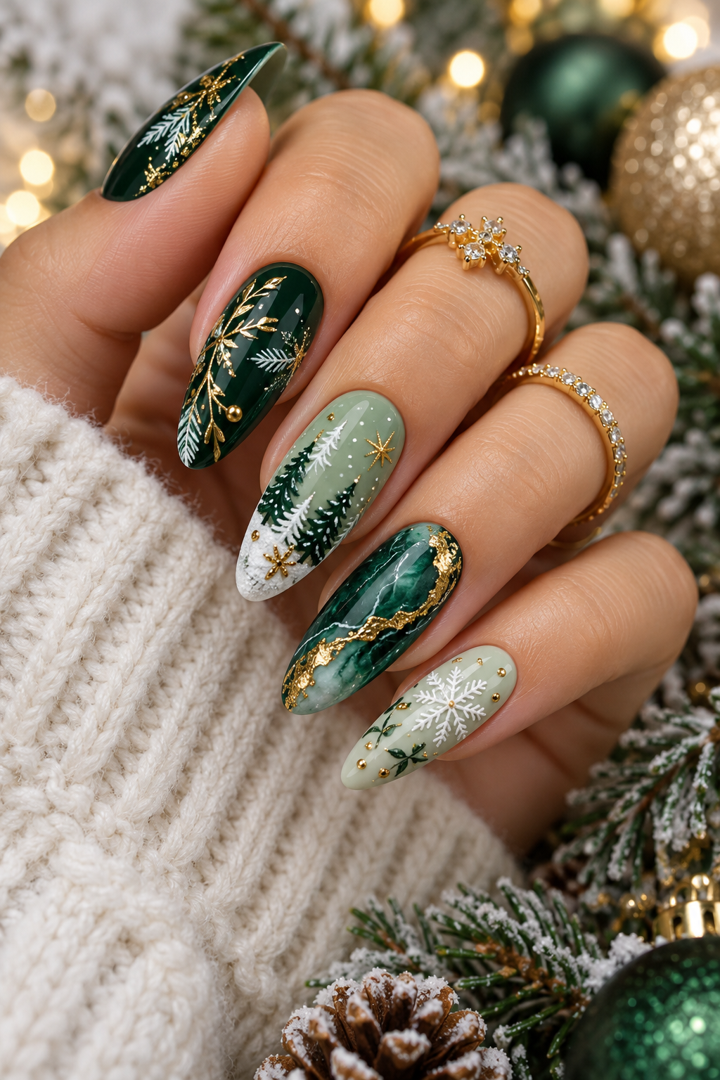 Long green holiday nails with festive details