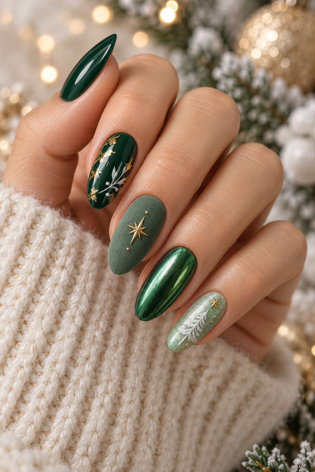 Mixed finish green Christmas nails