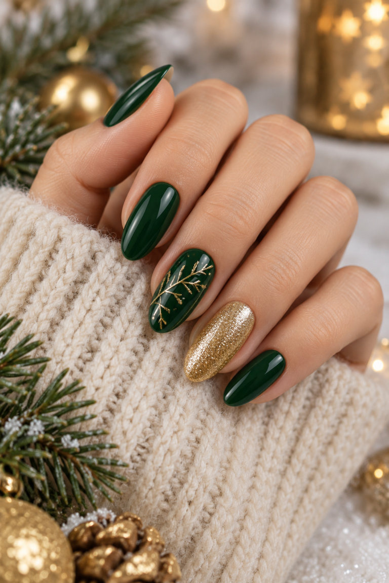 Green Christmas nails with a polished holiday finish