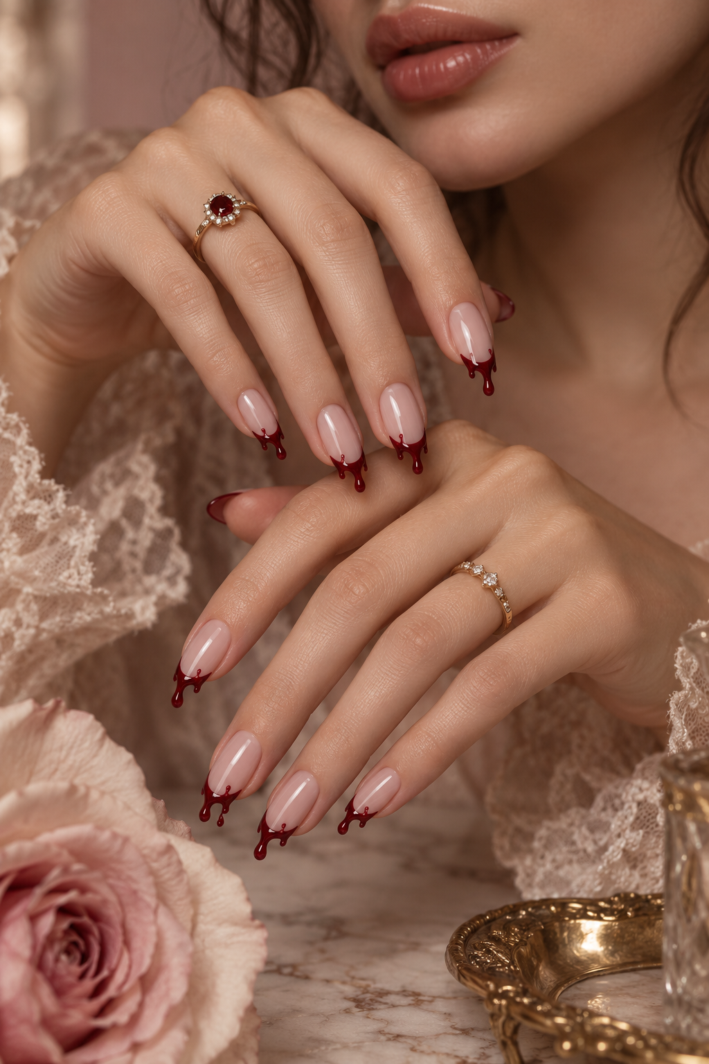 Halloween French tip nails: blood-drip tips