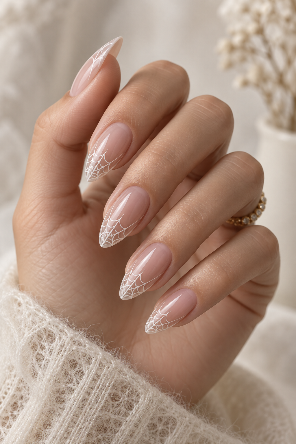 Halloween French tip nails: spiderweb tips