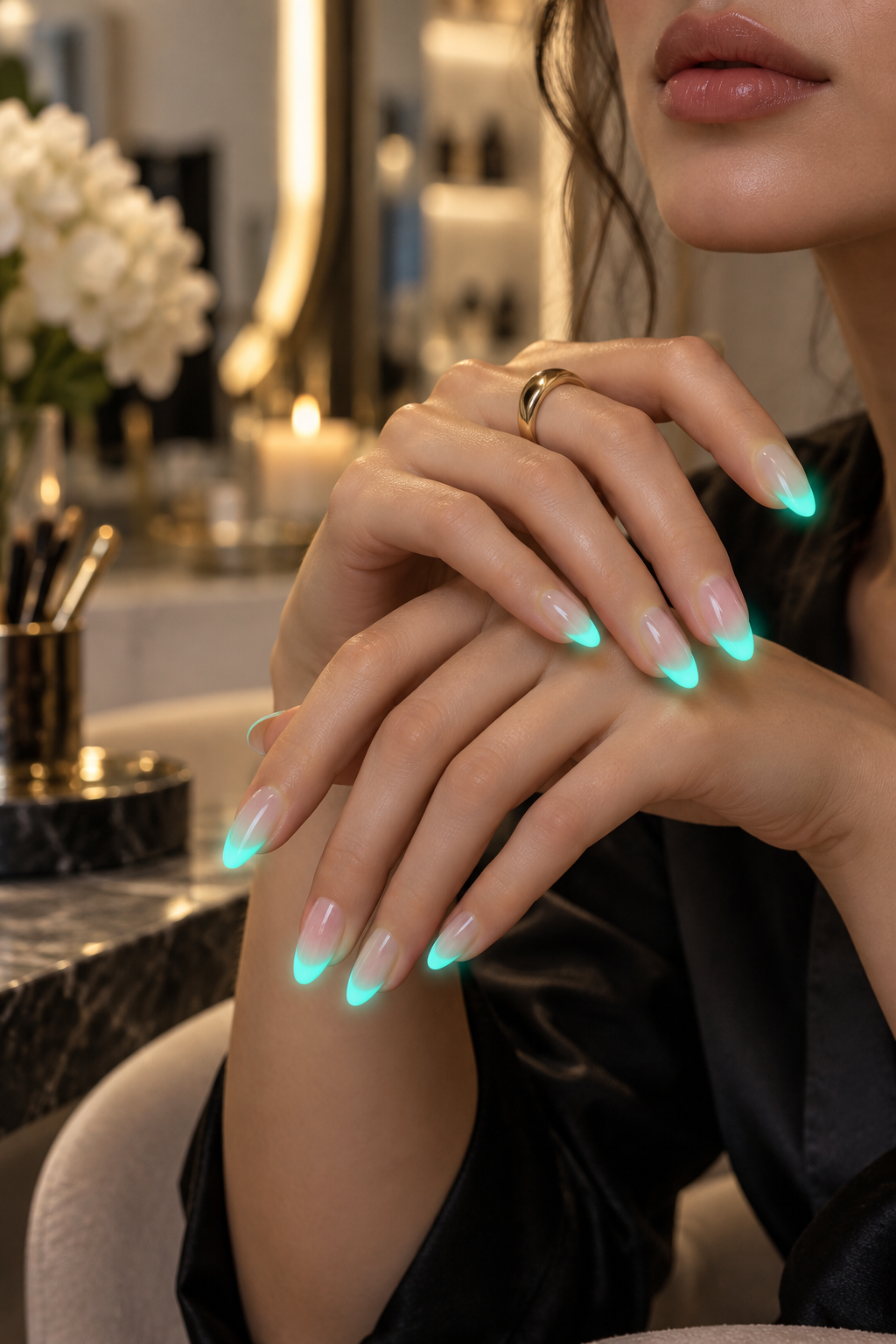 Halloween French tip nails: glow-in-the-dark tips