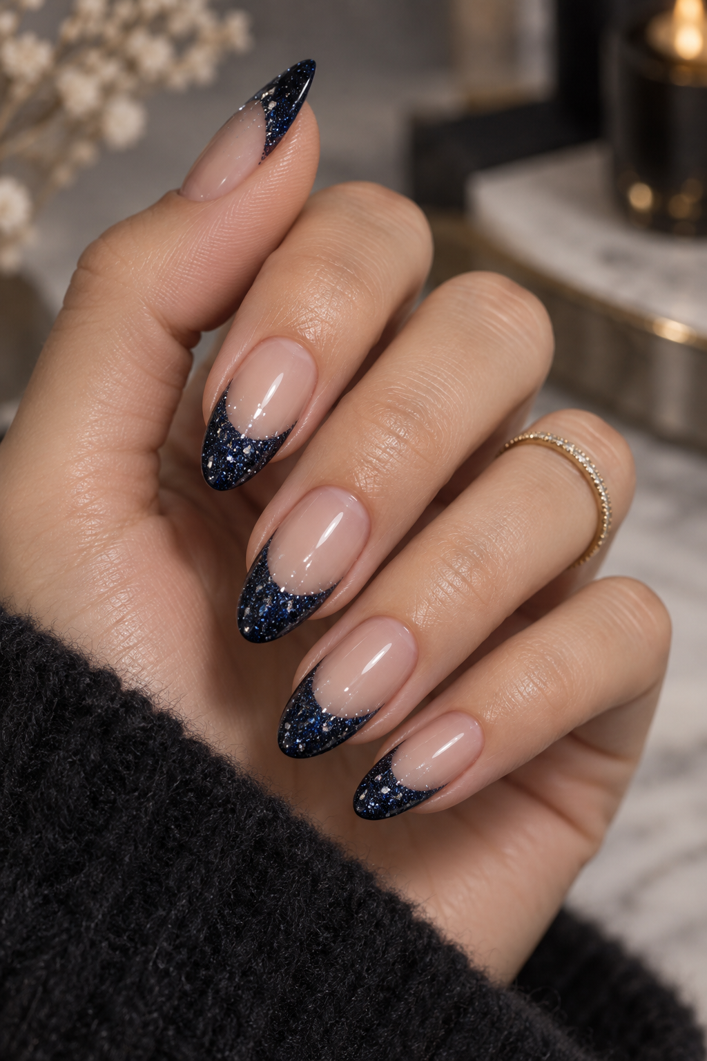 Halloween French tip nails: midnight glitter tips