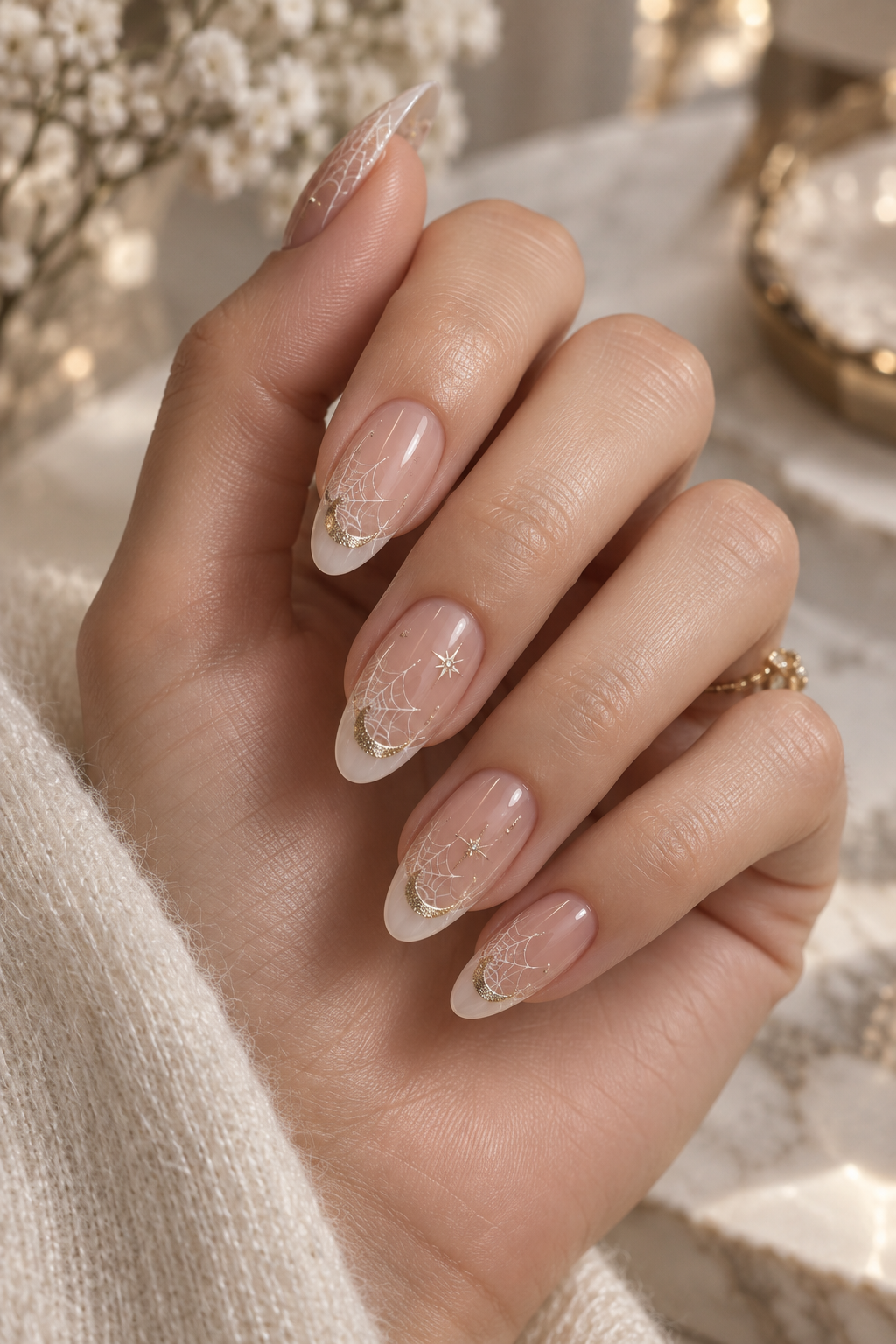 Halloween French tip nails: cobweb and moon tips