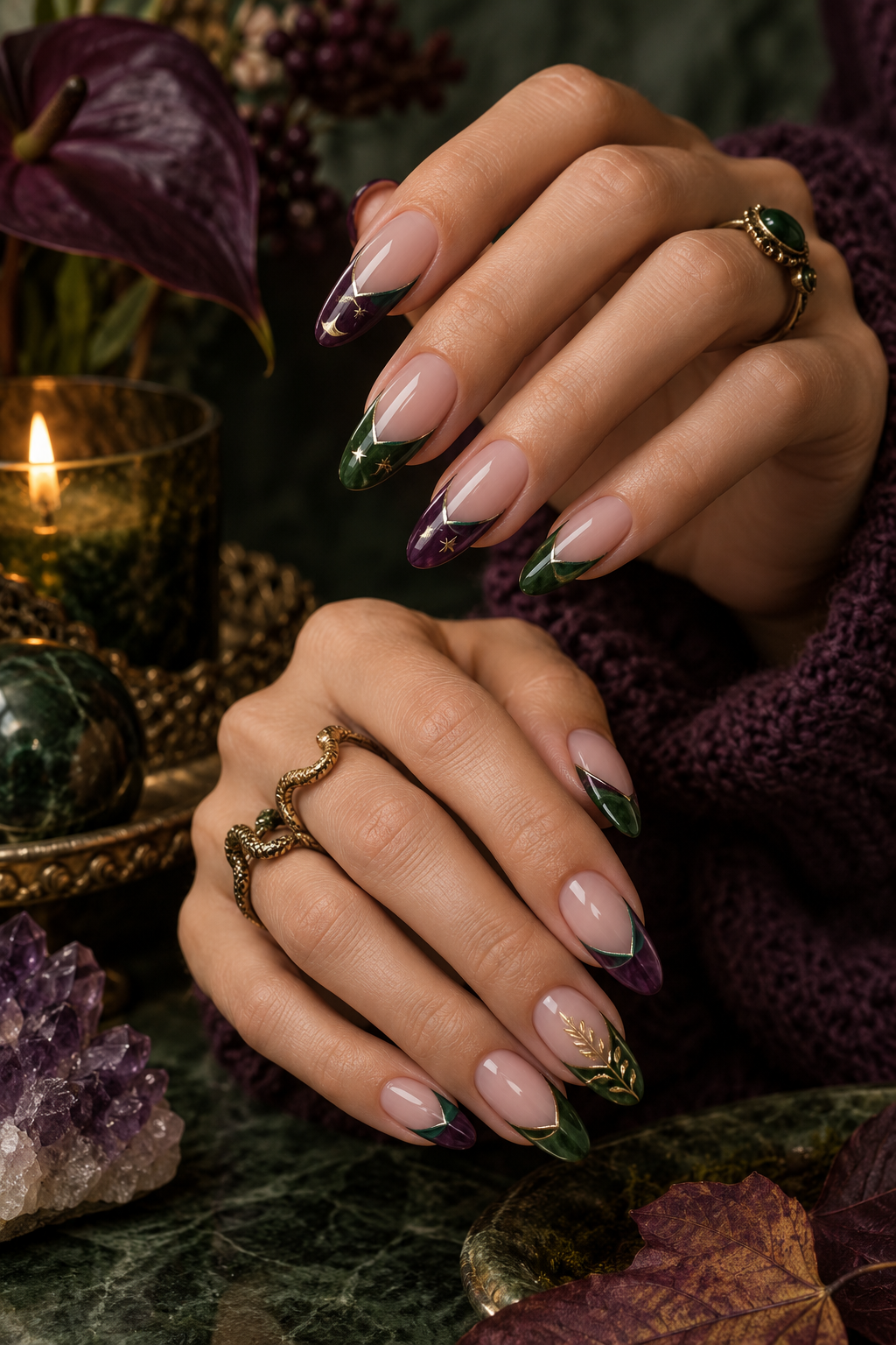 Witchy Purple and Green Tips Halloween French tip nails