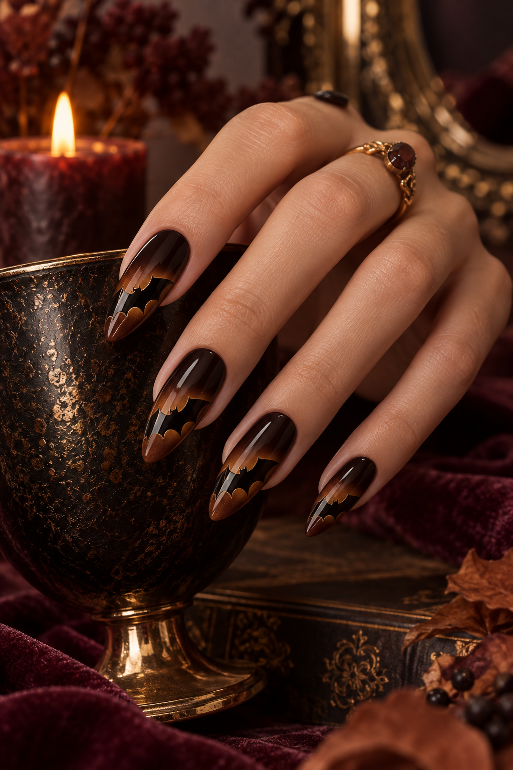 Bat Silhouette Tips Halloween French tip nails